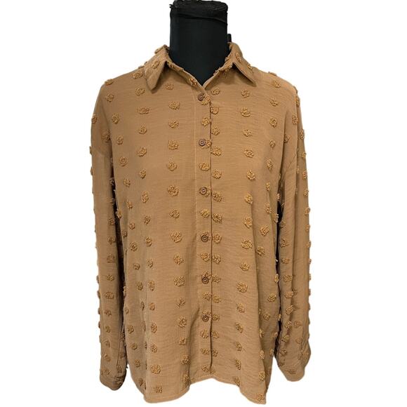 Mocha Brown Sheer Long Sleeve Swiss Dot Button Down, Size M - Picture 1 of 7